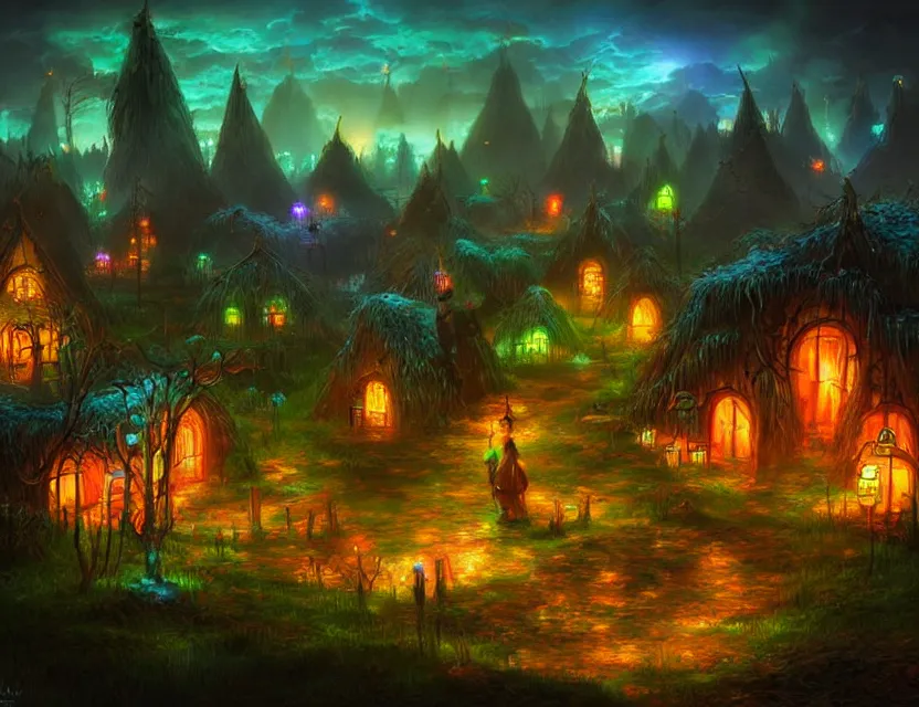 Prompt: elven village with neon lights at a mire. this air brush painting by the award - winning anime artist has an interesting color scheme, plenty of details and impeccable lighting.