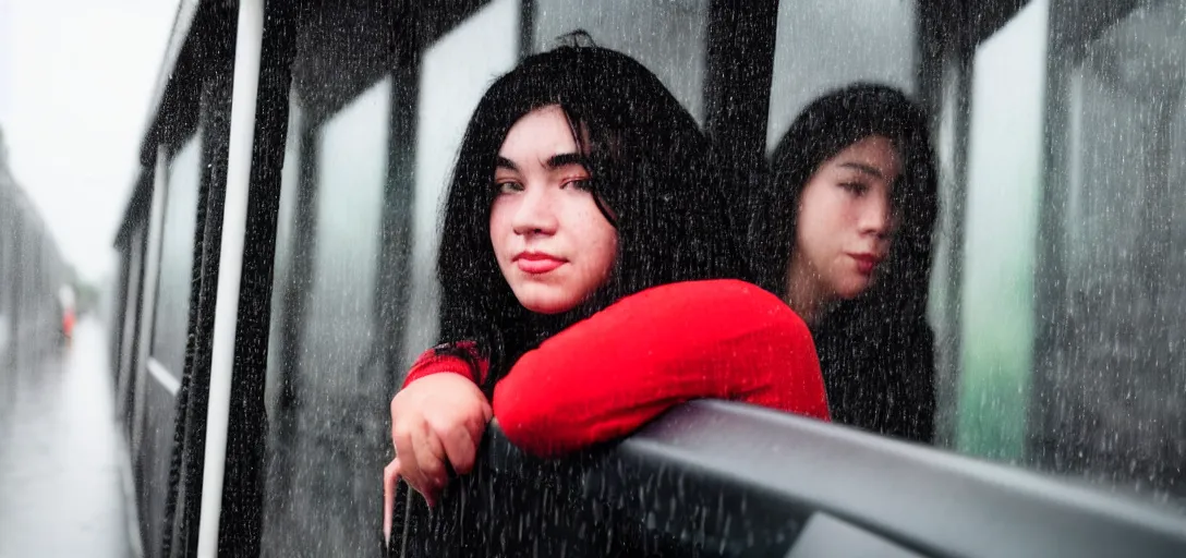 Image similar to Girl with red and black hair riding the bus on a rainy day, 8k photography, wide-shot