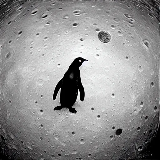 Image similar to A penguin wearing a space helmet. The apollo lunar lander on the lunar surface next to it. CCTV footage.