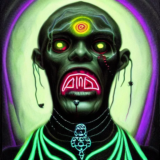 Image similar to a death tarot featuring a haitian voodoo priest with menacing eyes, blacklight neon colors, by anton semenov and android jones in cyberpunk voodoo style, oil on canvas, 8k