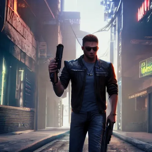 Image similar to a detailed full bodied 3 d render of an extremely handsome jensen ackles as the terminator walking down a dark alley in cyberpunk 2 0 7 7, holding two glowing winchester revolvers, volumetric lighting, octane render, 8 k, art by greg rutkowski and albert bierstadt and alphones mucha