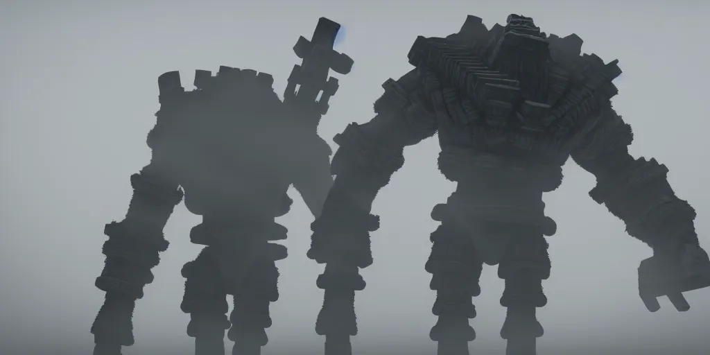 Image similar to colossus from shadow of the colossus with a white fur, fog, dark, fantasy, shadow of the colossus screenshot, unreal engine, digital art