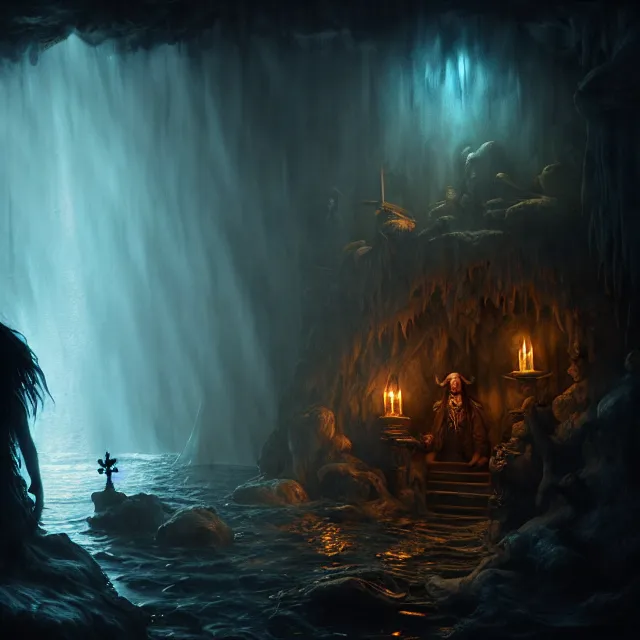Prompt: photo of a pirate ghost in a grotto, photorealistic, dark, atmospheric lighting, painted, intricate, ultra detailed by leesha hannigan, thierry doizon, kai carpenter, well composed, best on artstation, cgsociety, epic, stunning, gorgeous, intricate detail, wow, masterpiece