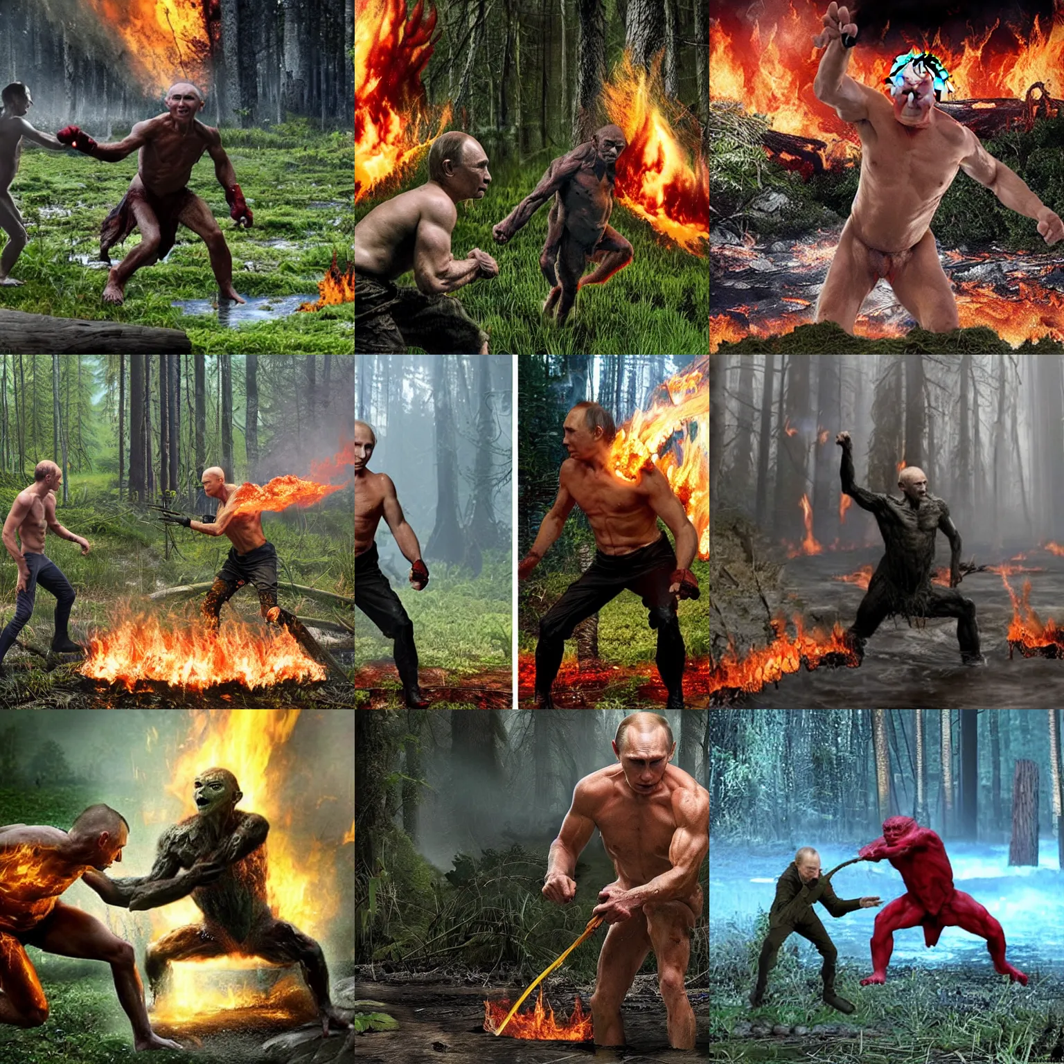 Prompt: Putin fights Gollum firestorm , swamp, ultra realistic, surrounded by burning forests