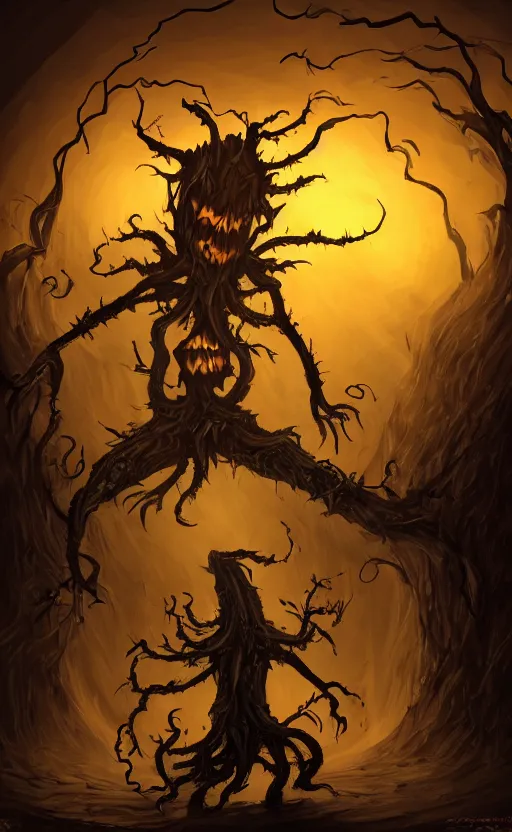 Image similar to fantasy monster concept art, a jack o lantern monster with vines for a body walking down a street of nightmares, dynamic lighting, photorealistic, trending on art station, stunning visuals, creative, cinematic, ultra detailed, atmospherical, ambient lighting, scary art, eery art