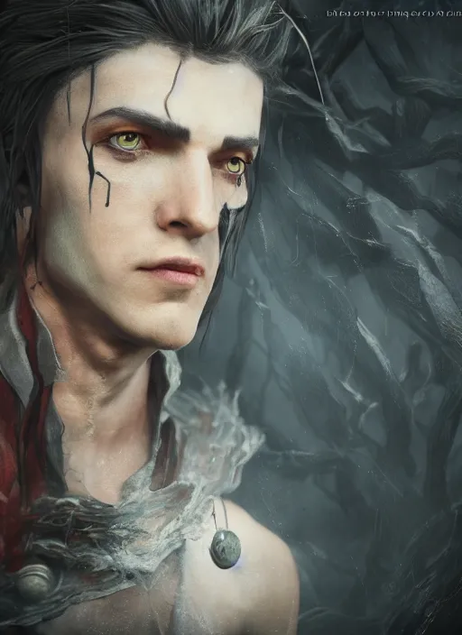 Image similar to A mixed media portrait painting of a fantasy vampire as a Sorcerer in a atmospheric dark fortress, unreal 5, DAZ, hyperrealistic, octane render, RPG portrait, ambient light, dynamic lighting