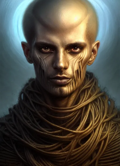 Prompt: closeup portrait shot of a male necromancer in a scenic dystopian environment, intricate, elegant, highly detailed, centered, digital painting, artstation, concept art, smooth, sharp focus, illustration, artgerm, tomasz alen kopera, peter mohrbacher, donato giancola, joseph christian leyendecker, wlop, boris vallejo