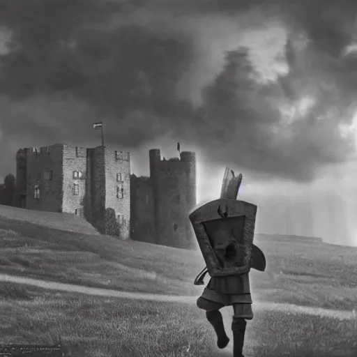 Prompt: anthropomorphic fox!! who is a medieval knight holding a swo - rd towards a stormy thundercloud [ 1 9 3 0 s film still ], ( castle in the background )