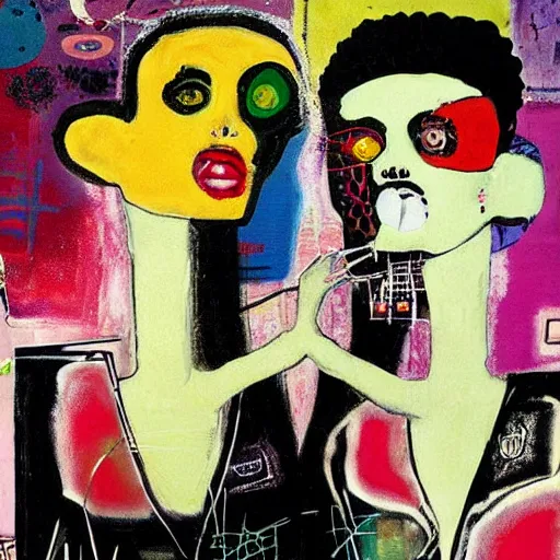 Image similar to beautiful painting of two bizarre psychedelic goth women kissing each other closeup in a cafe in japan, speculative evolution, mixed media collage by basquiat and jackson pollock, magazine collage art, sapphic art, lesbian art