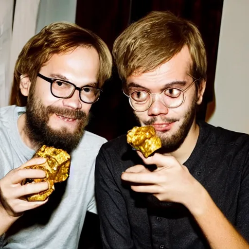 Prompt: pewdiepie and sergey mavrodi drinking and eating gold burgers together