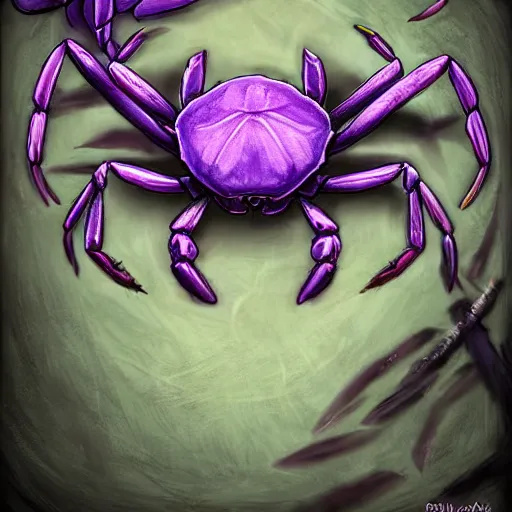 Image similar to violet fantasy crab scorpion hybrid, graveyard background, hearthstone coloring style, epic fantasy style art, fantasy epic digital art