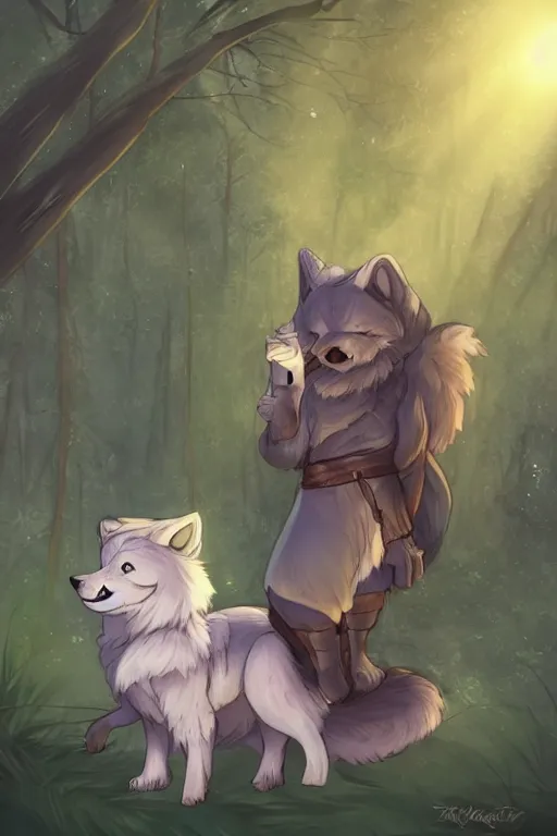 Prompt: a pretty medieval anthropomorphic wolf with a fluffy tail in the forest, comic art, trending on furaffinity, cartoon, kawaii, backlighting, furry art!!!, radiant light, bokeh, trending on artstation, digital art