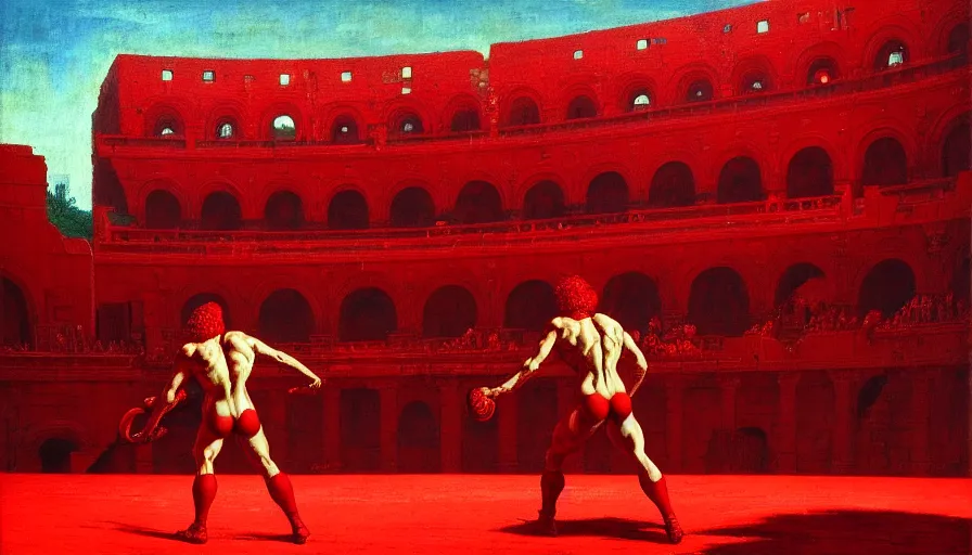 Image similar to only with red, a red gladiator in a crowded roman amphitheatre, crowd cheers him, in the style of beksinski and edward hopper and rodcenko and yue minjun, intricate and epic composition, red by caravaggio, highly detailed, masterpiece, red light, artstation