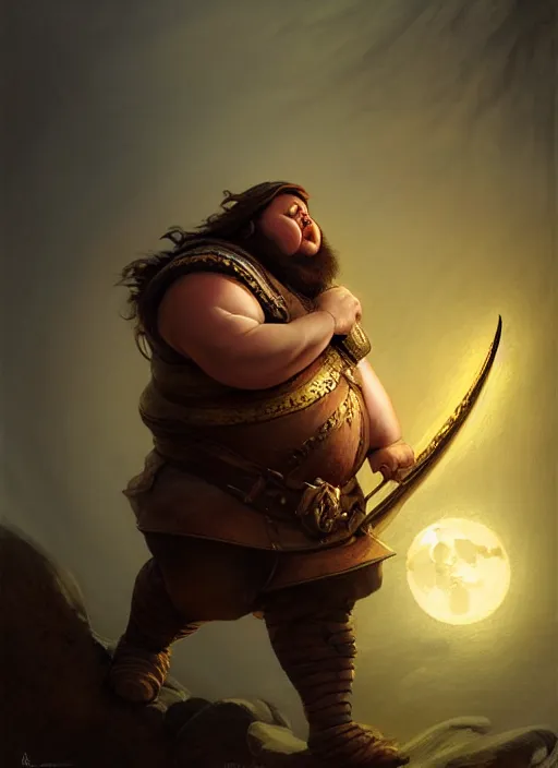 Image similar to fat male bard playing moon - lute, full body, hyper realistic, extremely detailed, dnd character art portrait, dark fantasy art, intricate fantasy painting, dramatic lighting, vivid colors, deviantart, artstation, by clyde caldwell and krenz cushart and artem demura and john williams waterhouse