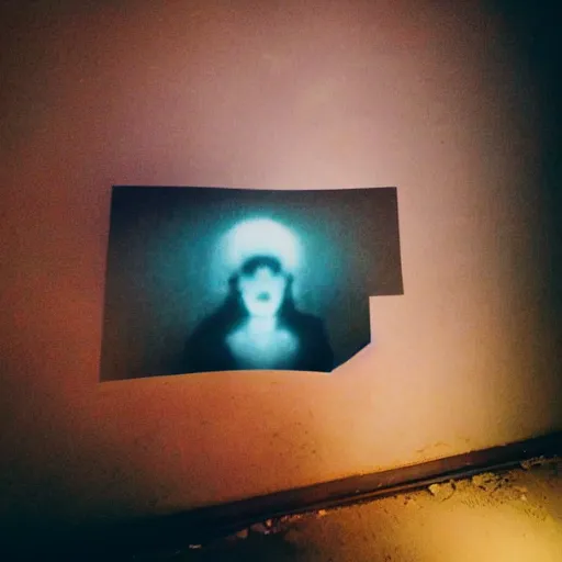 Image similar to coloured atmospheric polaroid photo of a with transparent ghostly banshee corpse body floating in old living room interior flashlight lighting