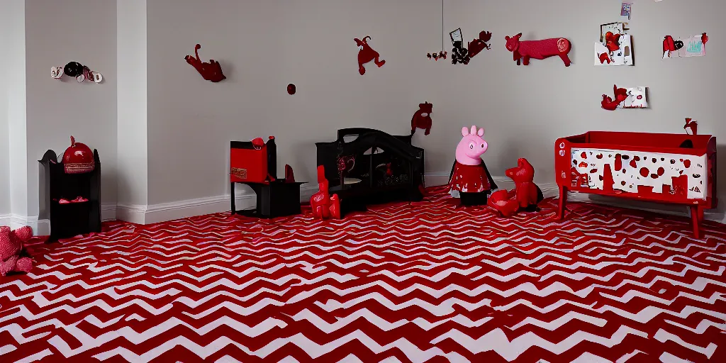 Image similar to peppa pig and pumbaa in the red room from twin peaks. black and white zig zag floor, strange