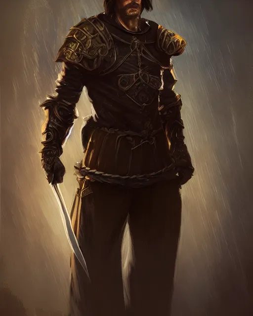 Prompt: fantasy male character, magic, medieval, atmospheric, sorcery, long sword, artstation, luminescent