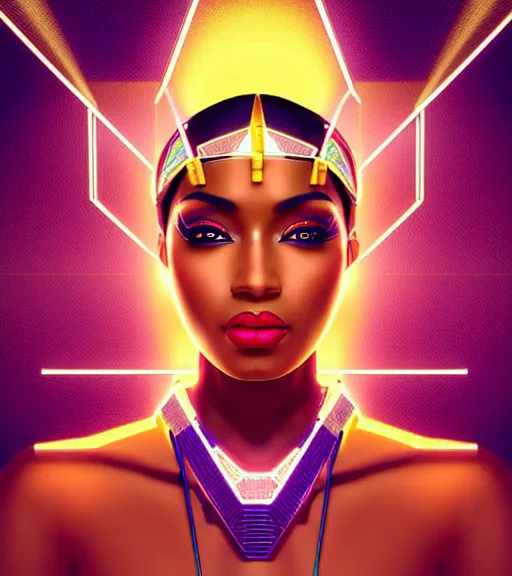 Image similar to symmetry!! egyptian queen of technology, solid cube of light, hard edges, product render retro - futuristic poster scifi, lasers and neon circuits, brown skin beautiful egyptian, queen, intricate, elegant, highly detailed, digital painting, artstation, concept art, smooth, sharp focus, illustration, dreamlike, art by artgerm