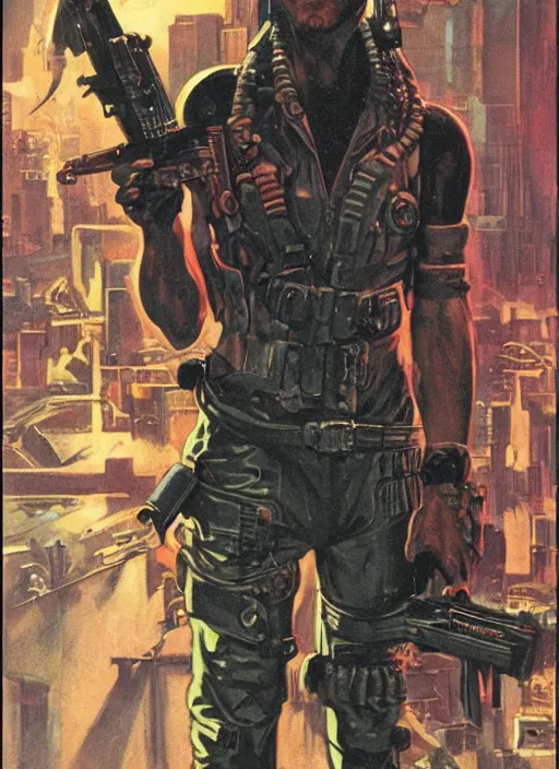 Image similar to cyberpunk mercenary. portrait by clyde caldwell and will eisner and gil elvgren