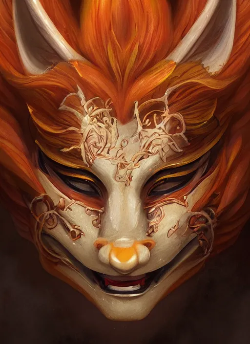 Image similar to a beautiful detailed oil on copper art illustration of a japanese hannya kitsune mask woman, the mask is broken, centered, by charlie bowater, zeng fanzh, trending on artstation, dim dusk lighting, cinematic lighting, detailed lighting, volumetric lighting, realistic, f 8, 4 k hd wallpaper