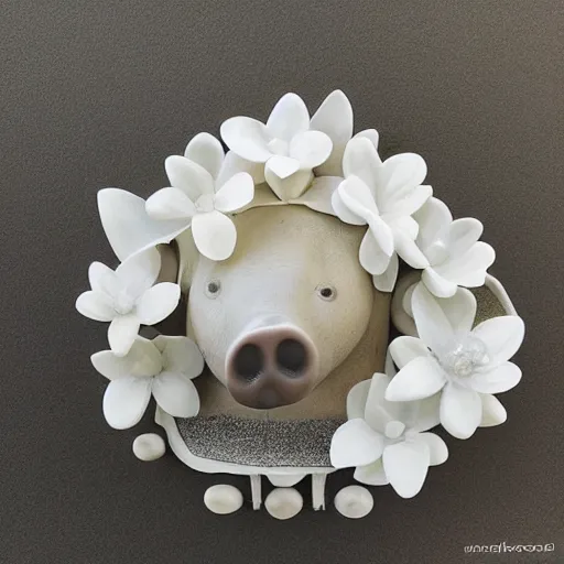 Image similar to “pig sculpture, mixed materials, pork, ikebana white flowers, white wax dripping”