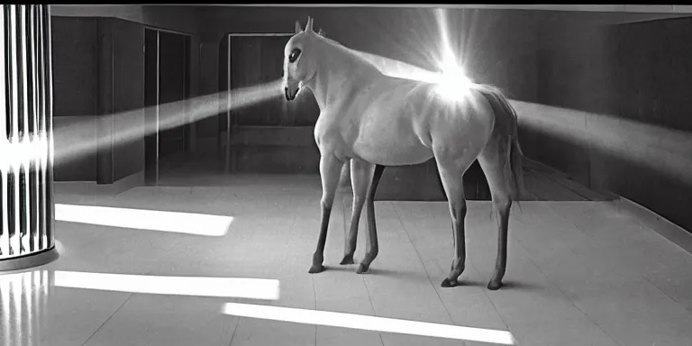 Prompt: Cinematography of a horse suspended in embalming fluid behind a pane of glass inside a mid century modern hotel hallway at magic hour with the sun shining god rays shining into a large 60's hotel lobby room filled with volumetric haze by the shining Cinematographer john alcott on a cooke panchro 18mm lens and shot on eastman kodak 5254 color 35mm film, in color