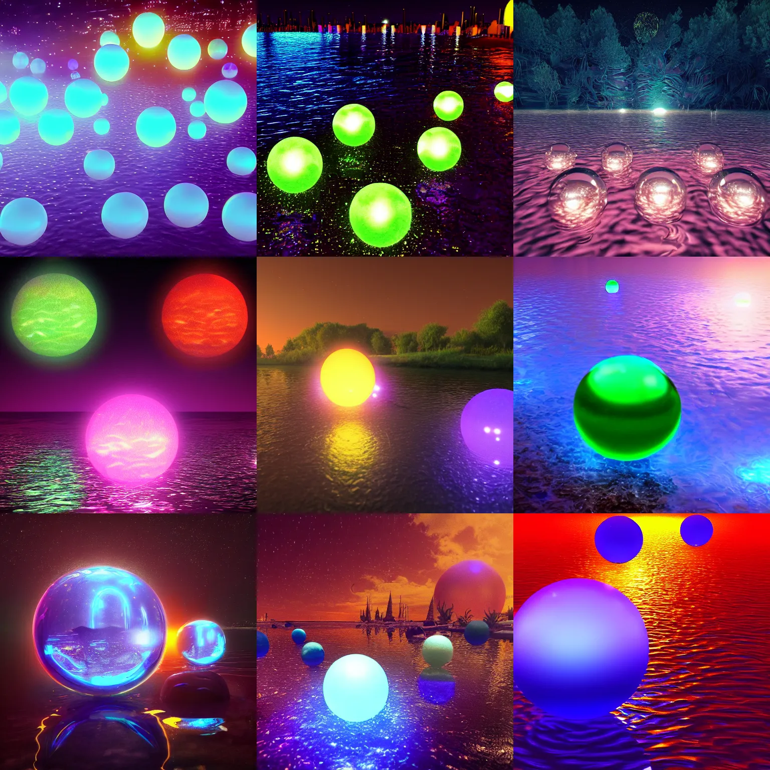 Prompt: glowing glass orbs floating down a river, synthwave, evocative, mystical night, detailed, award winning, trending on artstation