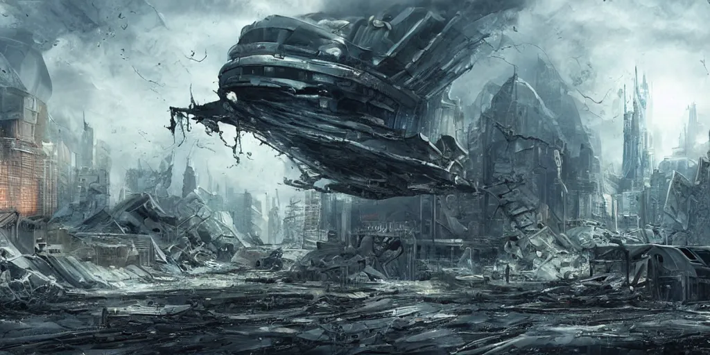 Image similar to damaged city, high - tech, concept art, forest, tornado, war, spaceship