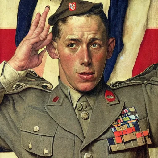 Prompt: frontal portrait of a soldier giving a military salute, but doing the loser hand gesture, by Norman Rockwell