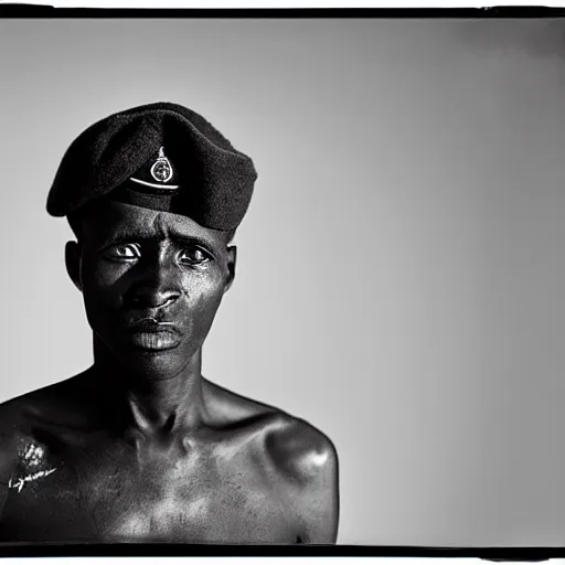 Image similar to black and white photo, portrait of rwandan soldier looking angry by richard avedon, realistic, Leica, medium format, cinematic lighting, parallax, high resolution,