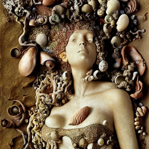 Image similar to a sculpture portrait made of shells and coral and sand and seaweed, painting part by wojciech siudmak, part by ilya repin, part by max ernst, part by norman rockwell, artstation