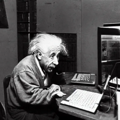 Prompt: vintage photo of albert einstein playing league of legends at an internet cafe, circa 1 6 0 0, award - winning shot