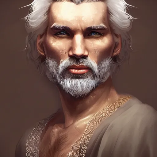 Prompt: Magnificent portrait of a Nordic God father with white hair, fantasy, medieval, highly detailed, Artstation