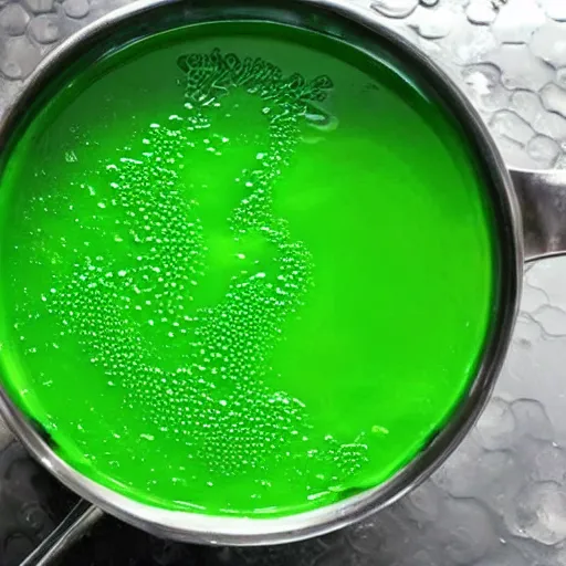 Image similar to brewing violent bubbling green fluid soup, green steam rising from soup