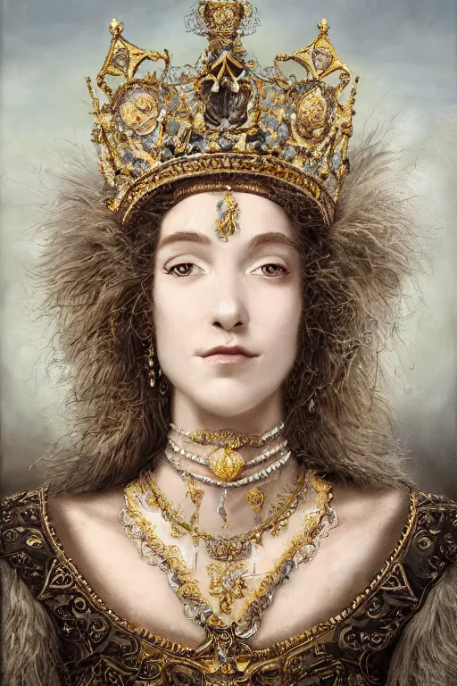 Image similar to anthropomorphic sheep queen, crown, oil on canvas, intricate, portrait, 8 k highly professionally detailed, hdr, cgsociety