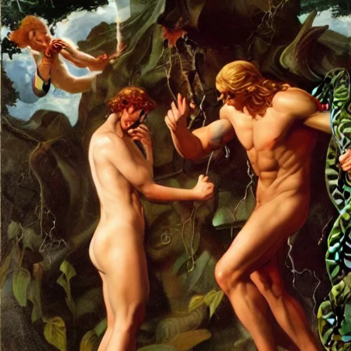 Prompt: Close-up of God being angry in the Garden of Eden. Adam and Eve look very guilty and the snake is leaving the scene quietly - elegant, highly detailed, centered, Joseph Christian Leyendecker, Boris Vallejo, Artgerm