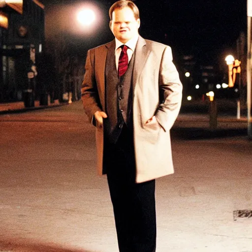 Image similar to 1 9 9 8 andy richter wearing a beige long overcoat over a black suit and necktie standing on the streets of chicago at night in winter.