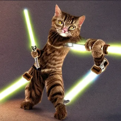 Image similar to jedi cats with human legs having lightsaber fight