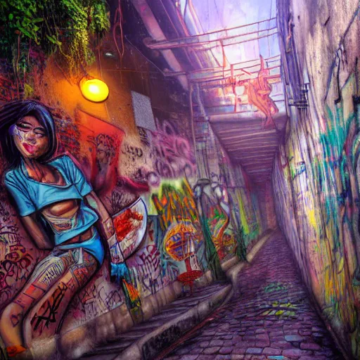 Image similar to breakfast at las pozas, graffiti on a wall, happy mood, cyberpunk, futuristic, technilogy, high detail, golden light, realistic