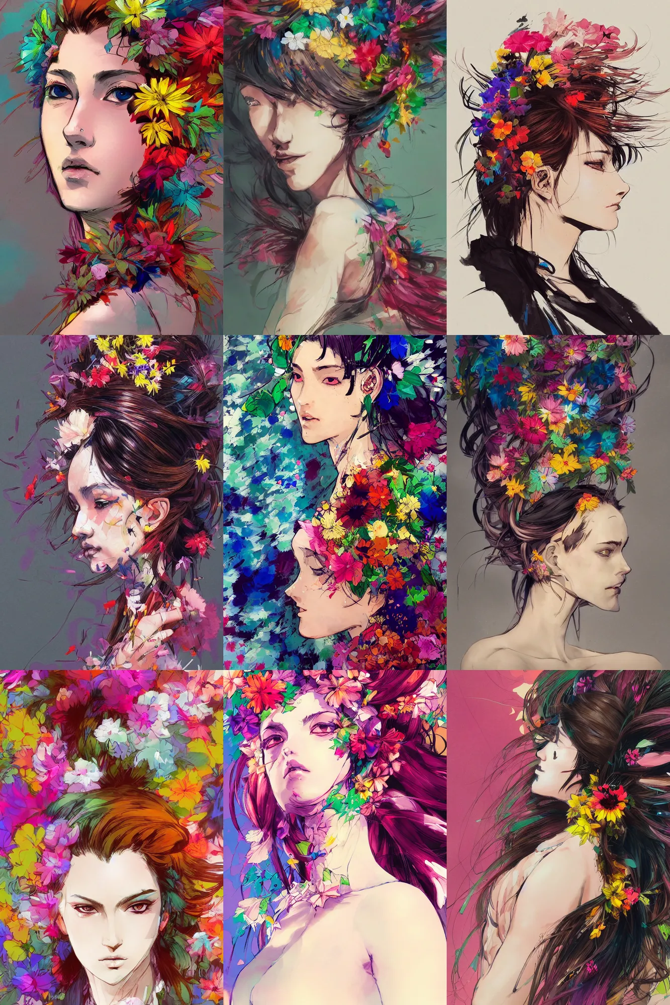 Prompt: a beautiful side portrait painting of a woman. colorful flowers emerge from her hair, covering almost all of her head. art by yoji shinkawa and, trending on artstation, award - winning, perfect composition.