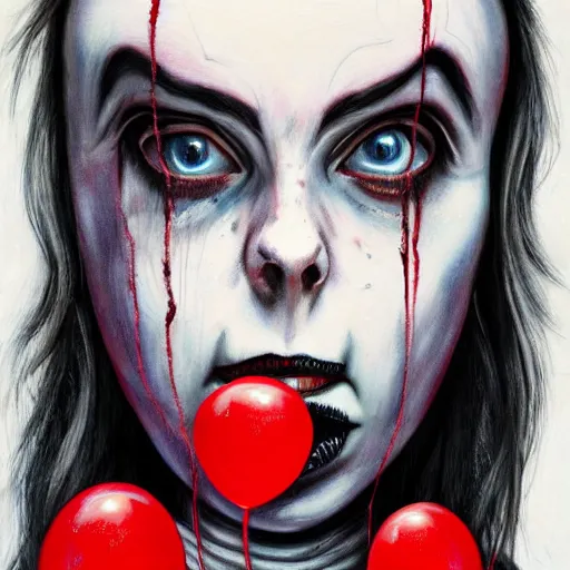 Prompt: grunge painting of billie eilish with her face split in half with a wide smile and a red balloon by chris leib, loony toons style, pennywise style, corpse bride style, horror theme, detailed, elegant, intricate