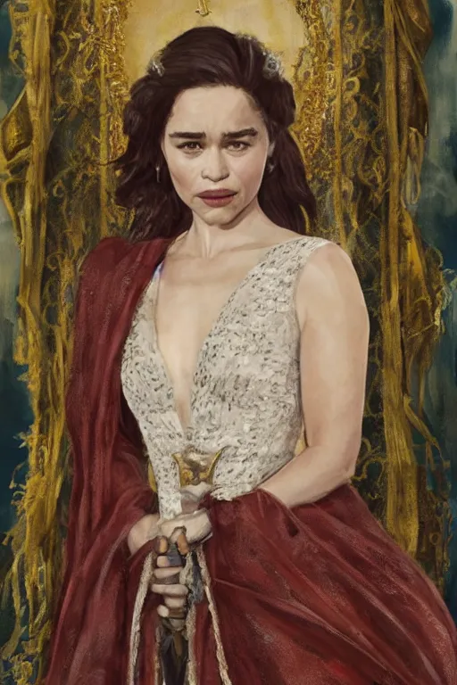 Prompt: Emilia Clarke as a queen in a painting hanging on the wall