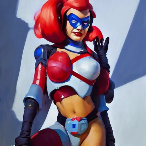 Image similar to greg manchess portrait painting of harley queen as cyber overwatch character, medium shot, asymmetrical, profile picture, organic painting, sunny day, matte painting, bold shapes, hard edges, street art, trending on artstation, by huang guangjian and gil elvgren and sachin teng