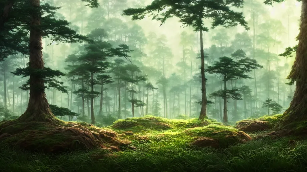 Image similar to forest clearing landscape, studio ghibli, pixar and disney animation, sharp, rendered in unreal engine 5, highly detailed, digital painting, artstation, concept art, smooth, sharp focus, illustration, wide angle, artbook, wallpaper, splash art, promo art, dramatic lighting, art by artgerm and greg rutkowski and bo chen and jin xiaodi