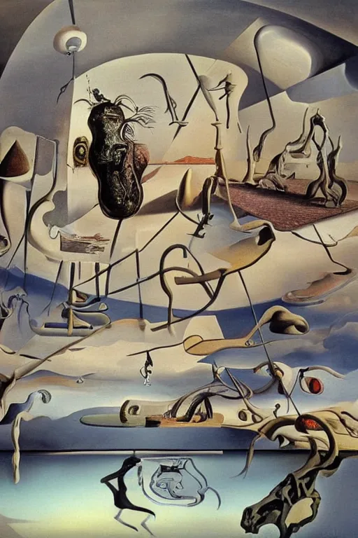 Prompt: surrealist painting by dali full of subtle hints, mystic characters and misleading perspectives, ultrastation hq, 8 l, hyperrealistic, very highly detailed