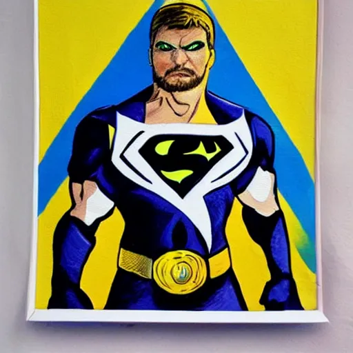 Image similar to the leader of ukraine dressed as a superhero fighting with putin coloured painting