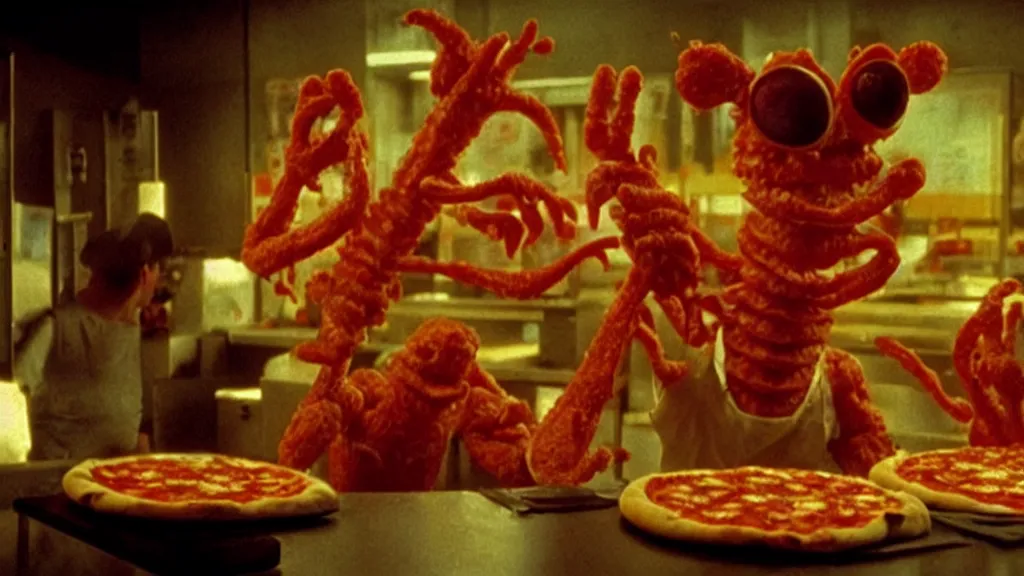 Prompt: the strange pizza creature at the fast food place, film still from the movie directed by denis villeneuve and david cronenberg with art direction by salvador dali and zdzisław beksinski, wide lens