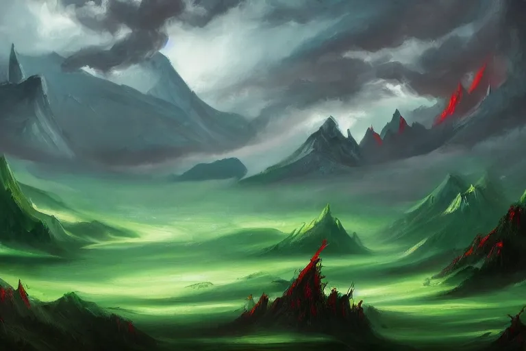 Prompt: Fantasy landscape of the land of dragons, green, red, black, fantasy, oil painting, gesso painting, by Bob Ross, trending on youtube, trending on artstation, artstationHD, artstationHQ, octane, cgsociety