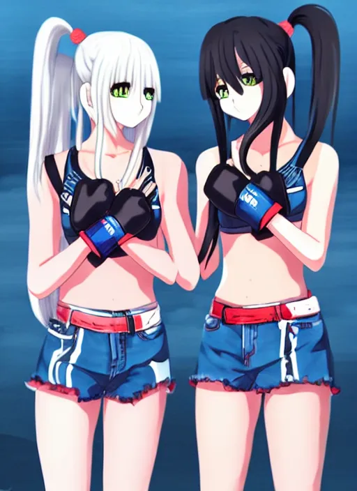 Image similar to two beautiful female fighters with twintails taunting each other, denim shorts, white top, dim lighting, gorgeous features, smooth, detailed anime art