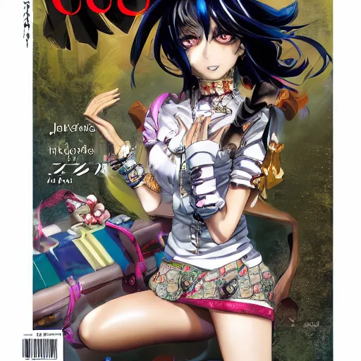 Image similar to Magazine Cover Anime key visual of a Gucci girl; official media; typography; drawn by Hirohiko Araki; Jojo's Bizarre Adventure; Jojolion, portrait, made by Stanley Artgerm Lau, WLOP, Rossdraws, James Jean, Andrei Riabovitchev, Marc Simonetti, Yoshitaka Amano, ArtStation